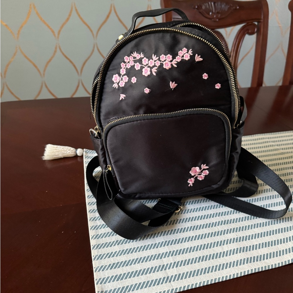 Black Floral Embroidered Backpack